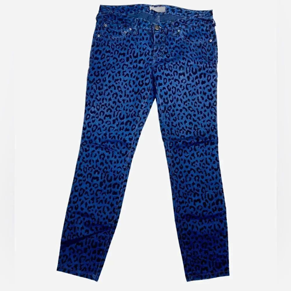 Free People Blue and Black Velvet Animal Print Slim Fit Pants Women’s Size 27